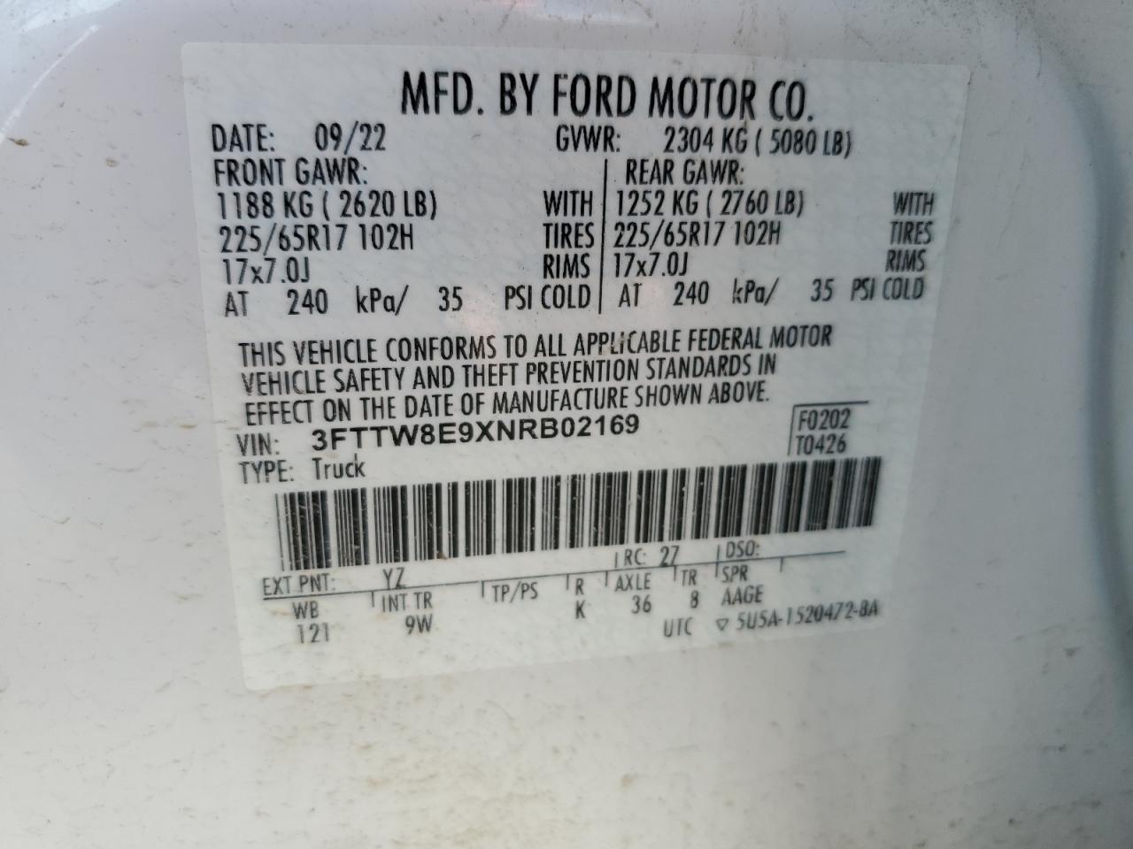 2022 FORD MAVERICK XL VIN:3FTTW8E9XNRB02169