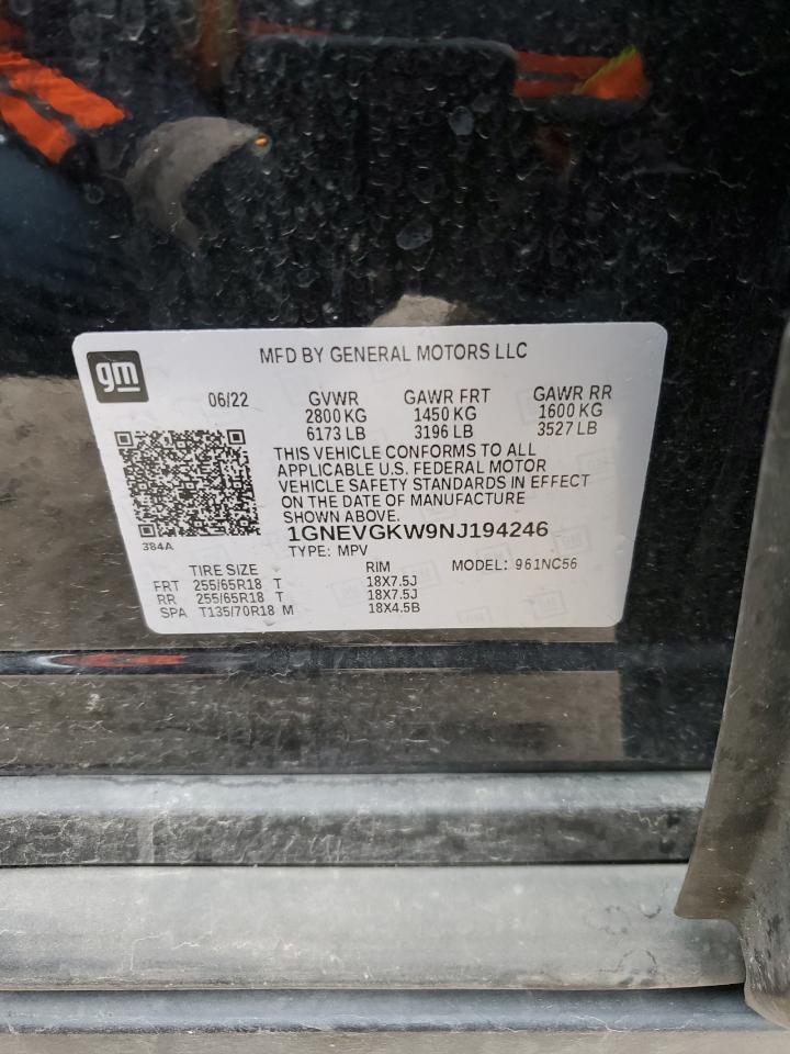 2022 CHEVROLET TRAVERSE LT VIN:1GNEVGKW9NJ194246