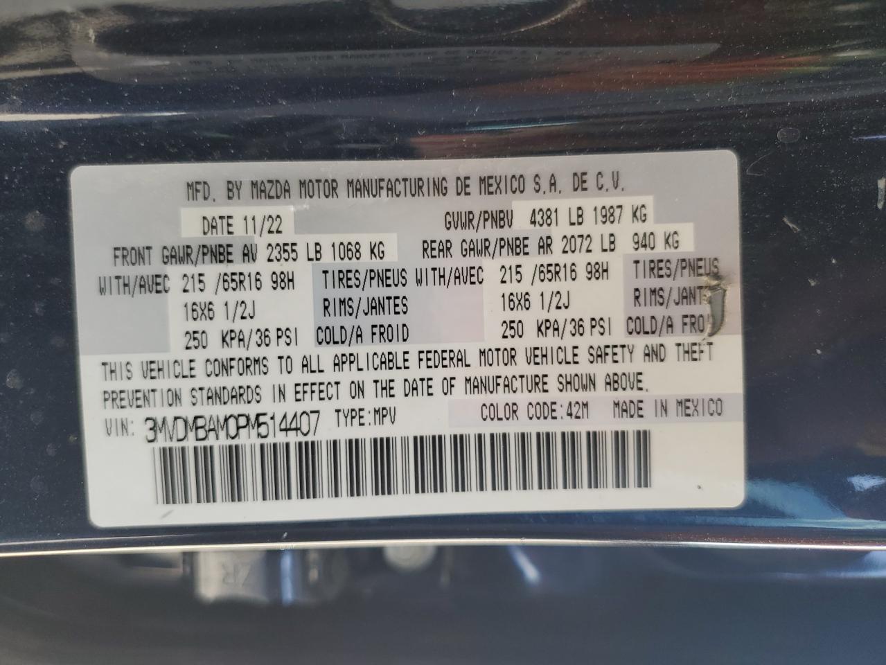 2023 MAZDA CX-30 VIN:3MVDMBAM0PM514407