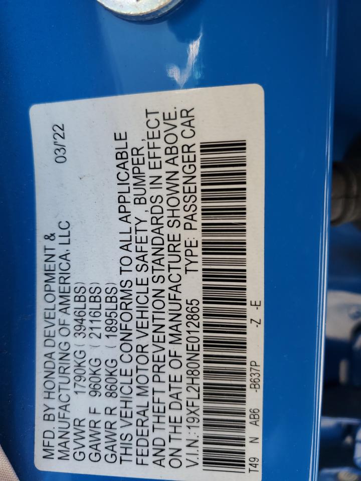 2022 HONDA CIVIC SPORT VIN:19XFL2H80NE012865