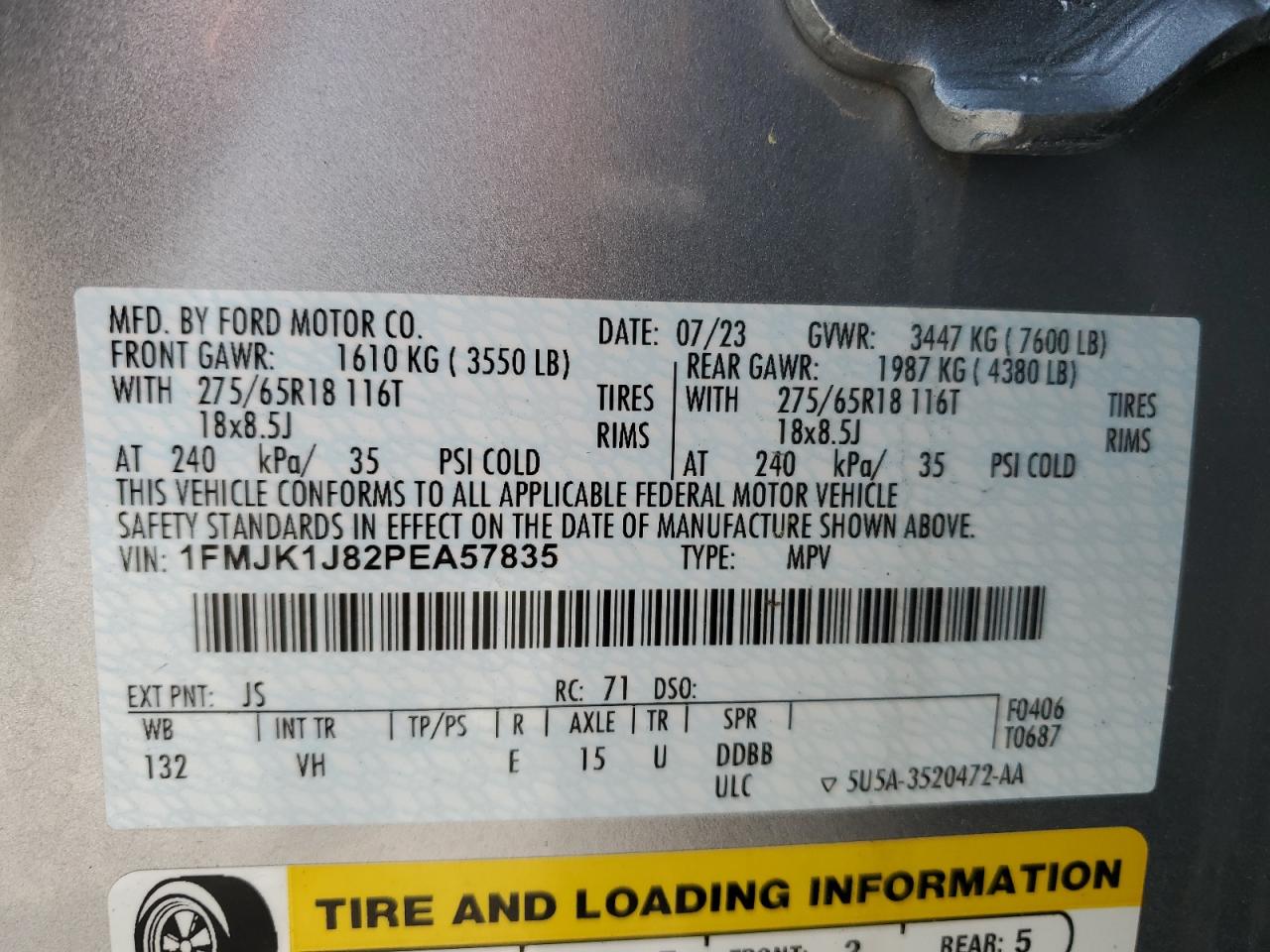 2023 FORD EXPEDITION MAX XLT VIN:1FMJK1J82PEA57835