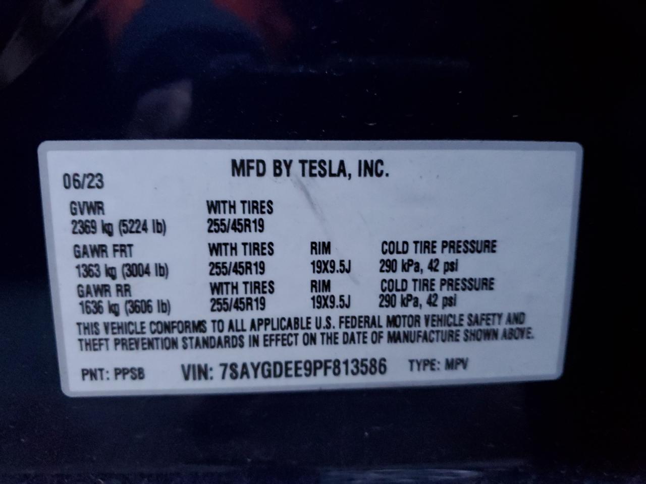 2023 TESLA MODEL Y VIN:7SAYGDEE9PF813586