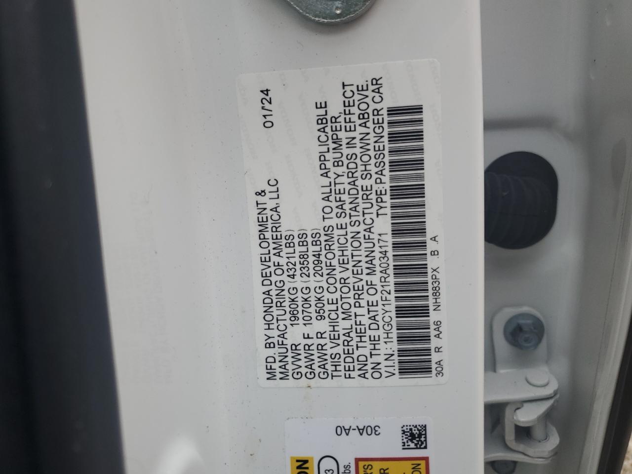 2024 HONDA ACCORD LX VIN:1HGCY1F21RA034171