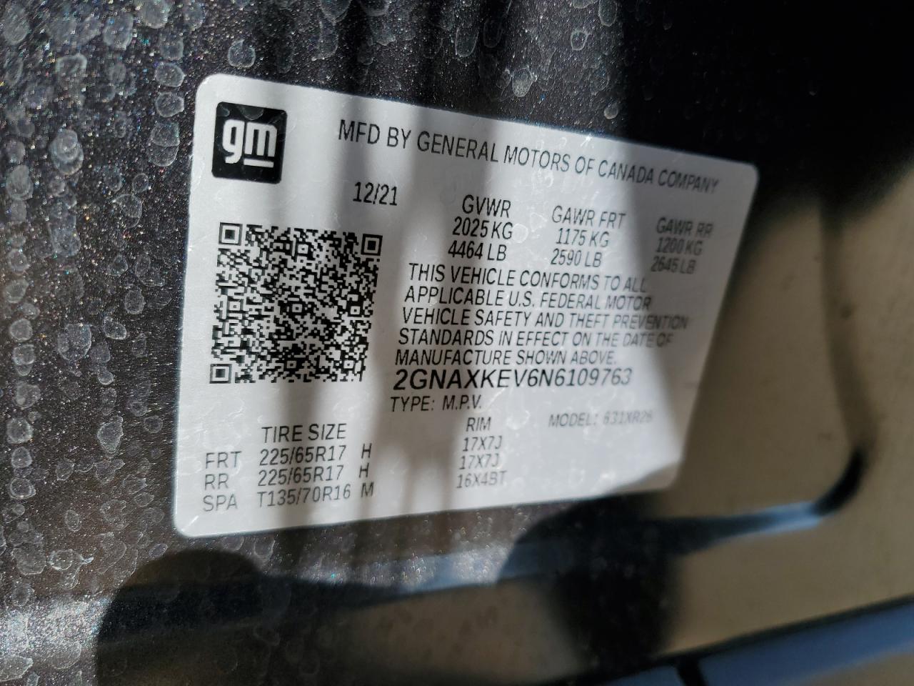 2022 CHEVROLET EQUINOX LT VIN:2GNAXKEV6N6109763