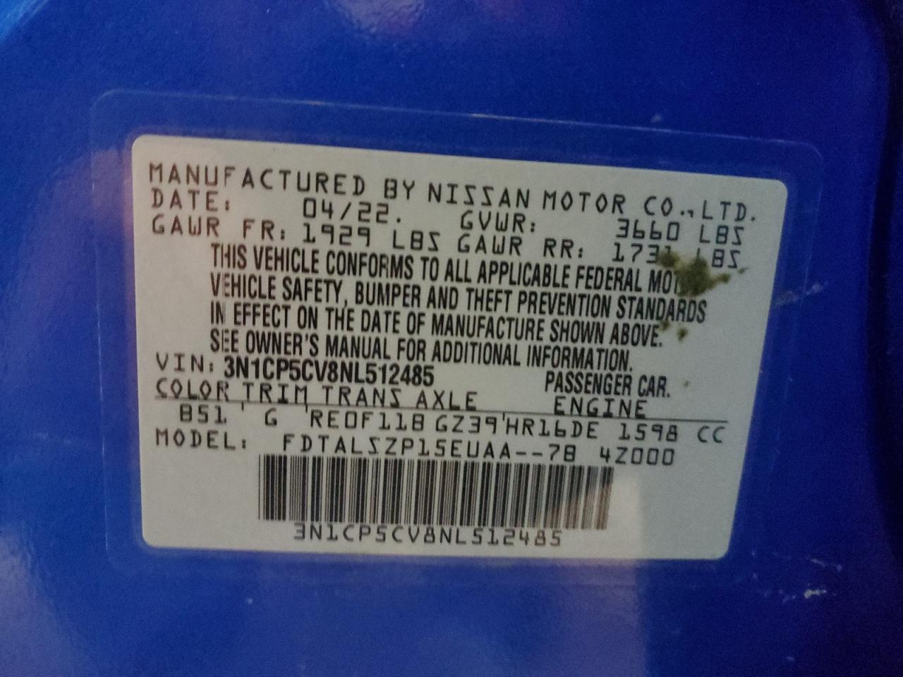 2022 NISSAN KICKS SV VIN:3N1CP5CV8NL512485