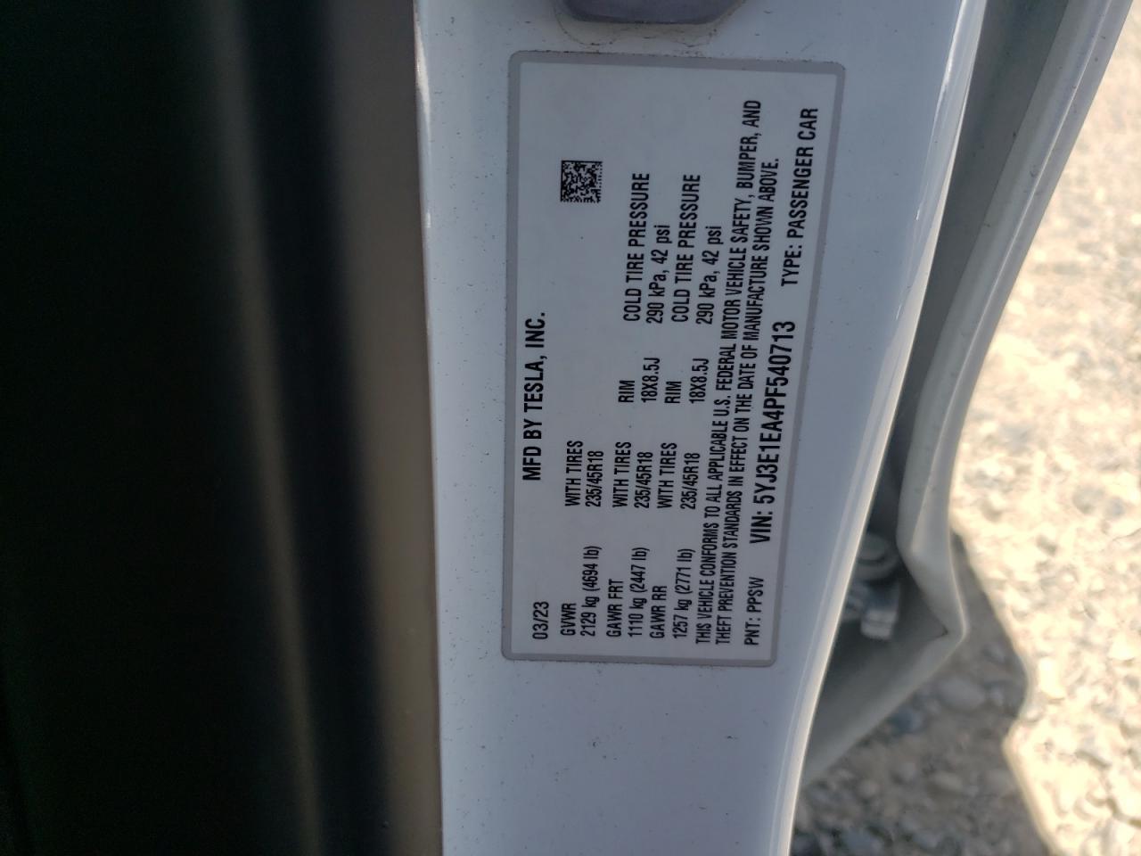 2023 TESLA MODEL 3 VIN:5YJ3E1EA4PF540713
