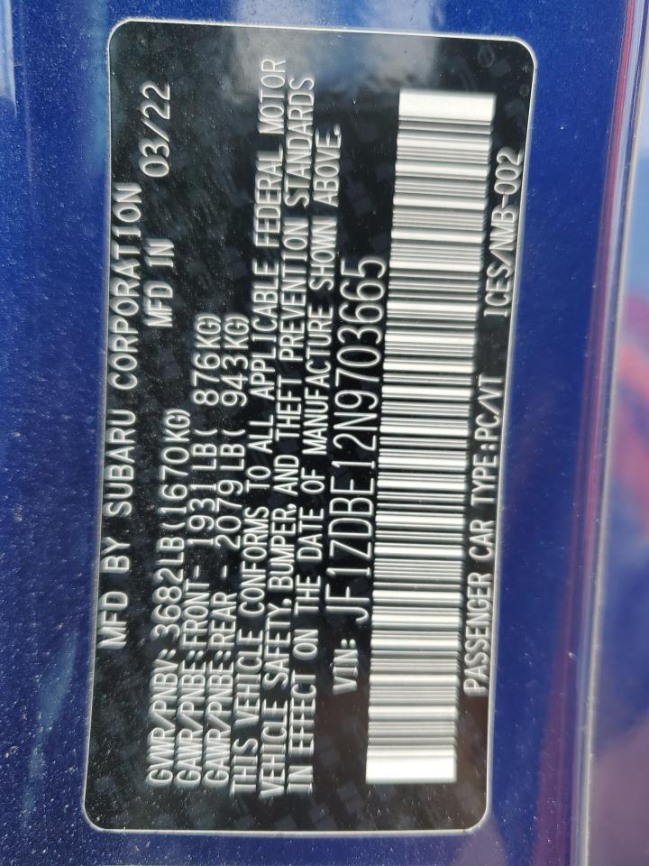 2022 SUBARU BRZ LIMITED VIN:JF1ZDBE12N9703665