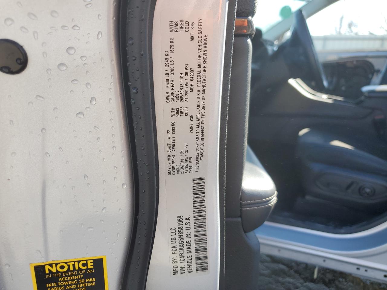 2022 JEEP GRAND CHEROKEE L LAREDO VIN:1C4RJKAG6N8581069