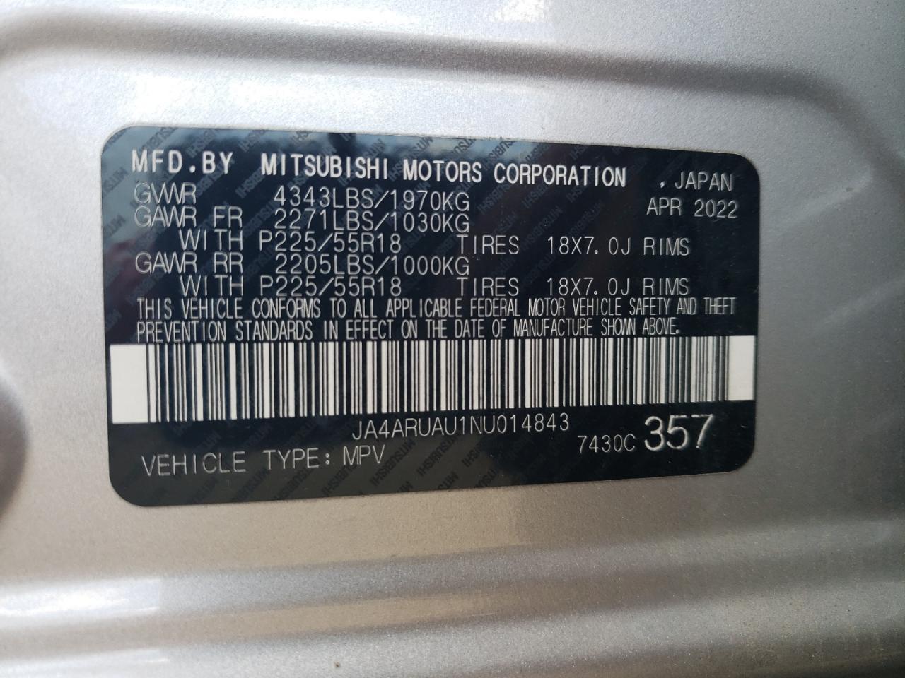 2022 MITSUBISHI OUTLANDER SPORT ES VIN:JA4ARUAU1NU014843