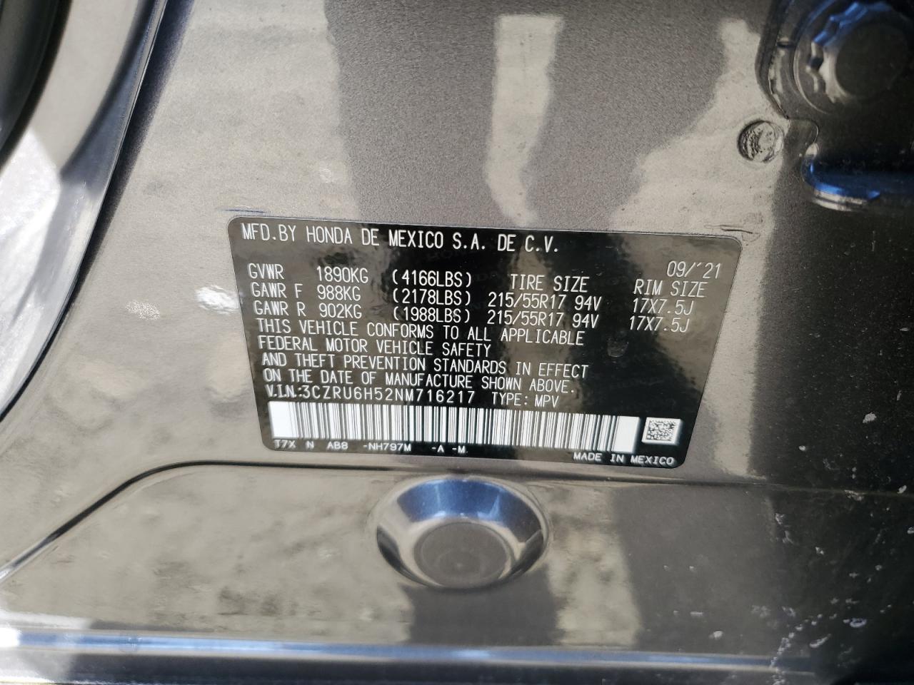 2022 HONDA HR-V EX VIN:3CZRU6H52NM716217