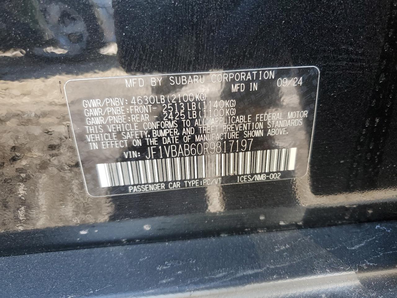 2024 SUBARU WRX VIN:JF1VBAB60R9817197