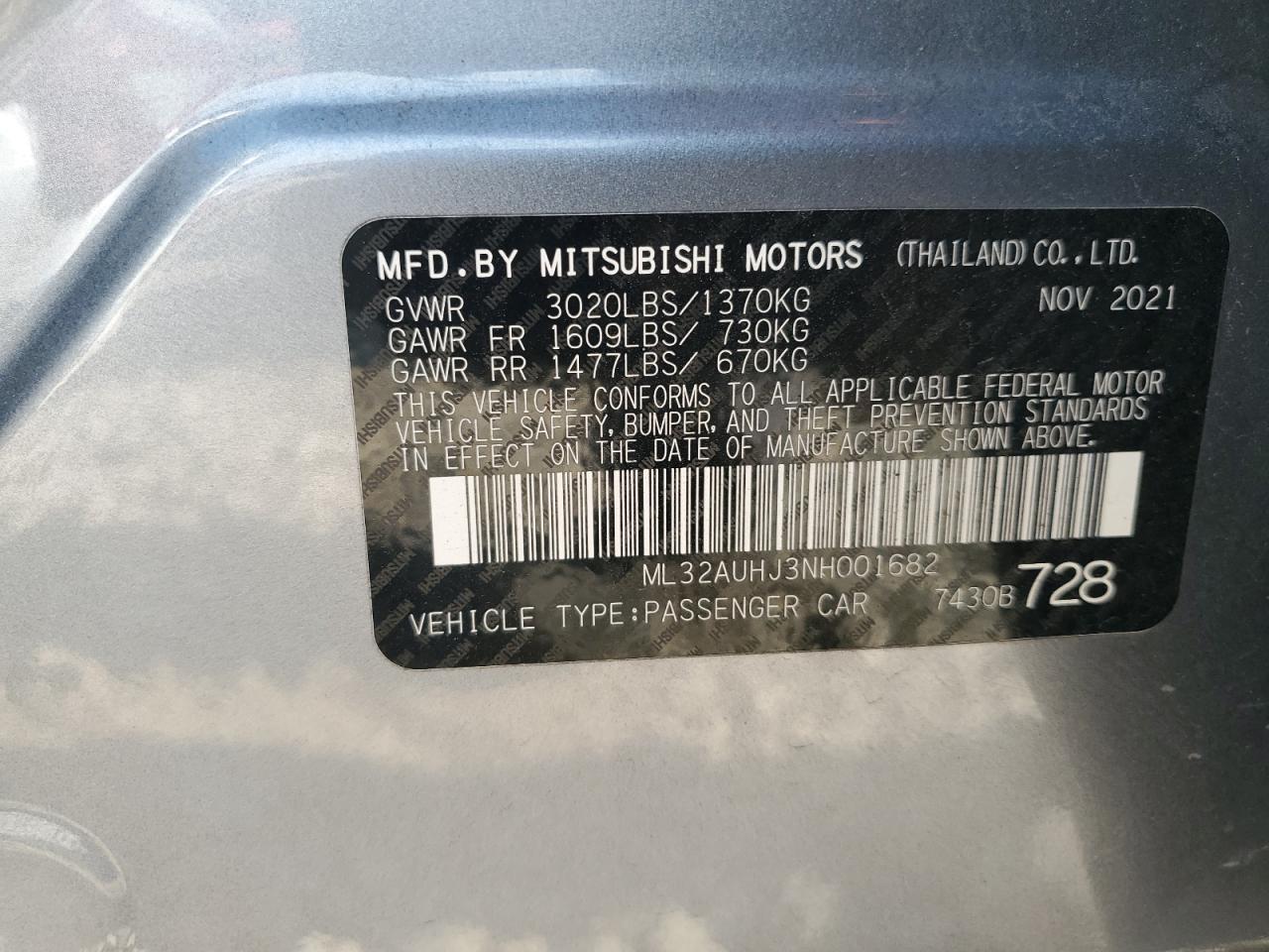 2022 MITSUBISHI MIRAGE ES VIN:ML32AUHJ3NH001682