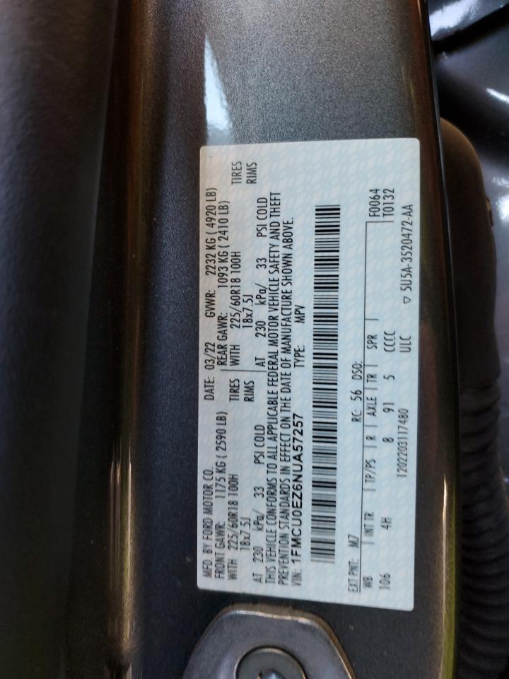 2022 FORD ESCAPE SE VIN:1FMCU0EZ6NUA57257