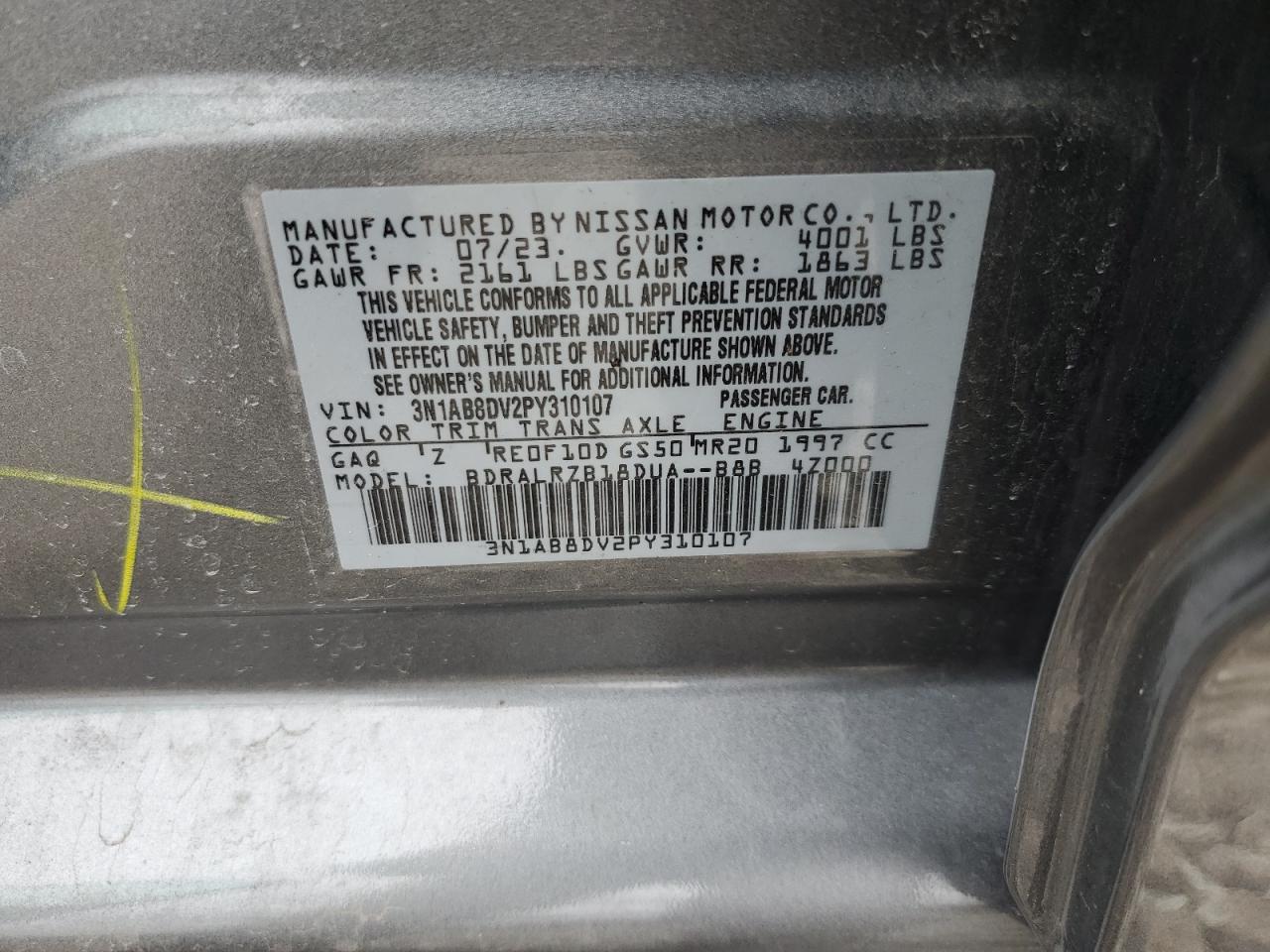 2023 NISSAN SENTRA SR VIN:3N1AB8DV2PY310107