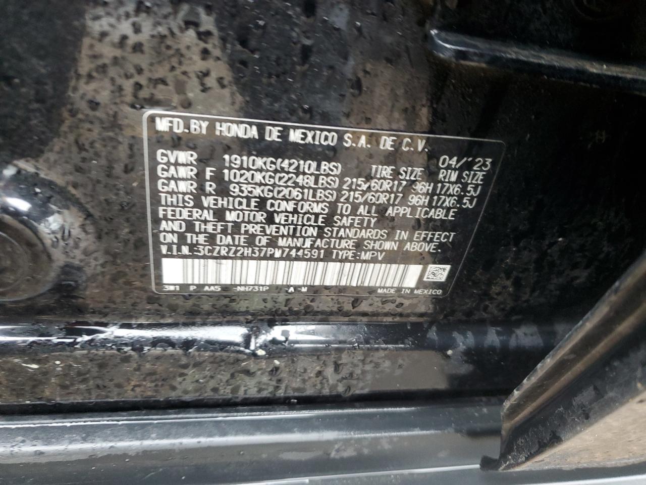 2023 HONDA HR-V LX VIN:3CZRZ2H37PM744591