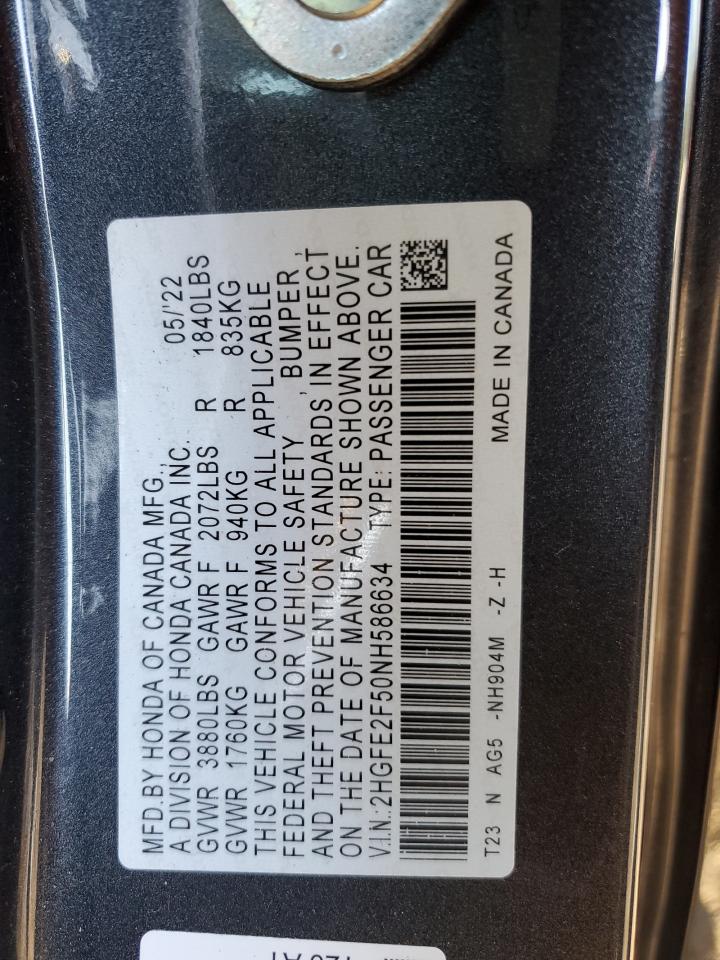 2022 HONDA CIVIC SPORT VIN:2HGFE2F50NH586634