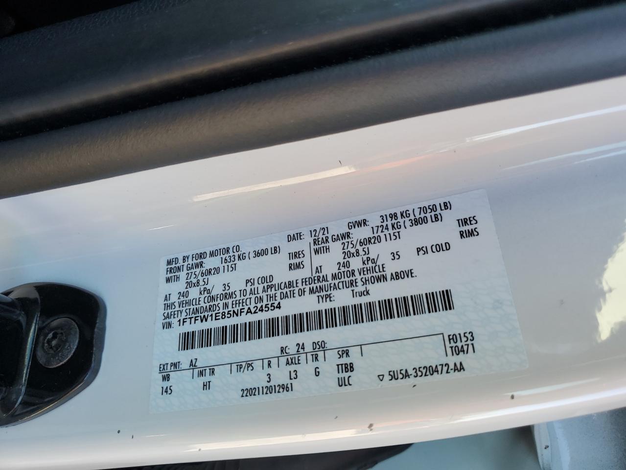 2022 FORD F150 SUPERCREW VIN:1FTFW1E85NFA24554