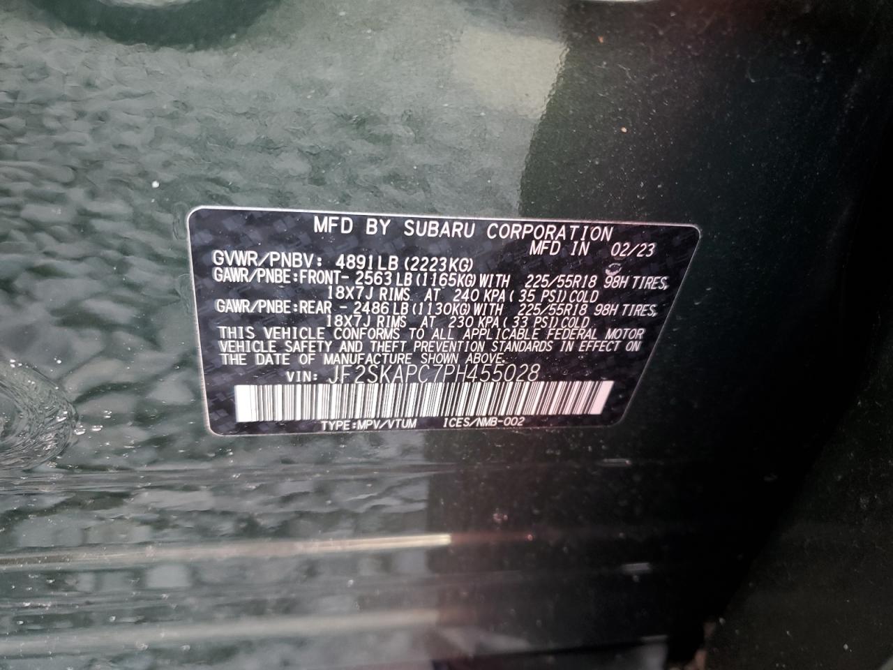 2023 SUBARU FORESTER LIMITED VIN:JF2SKAPC7PH455028