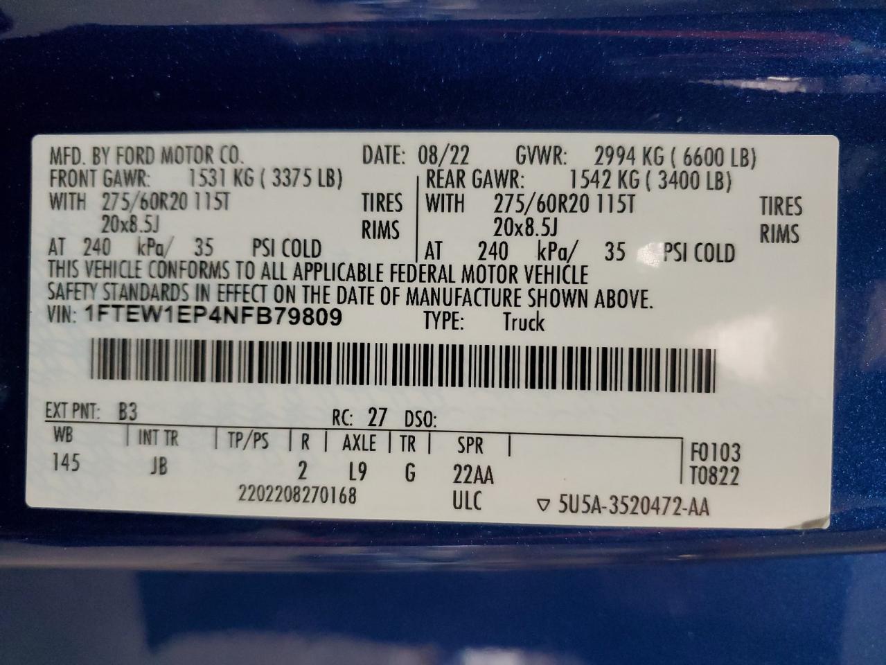 2022 FORD F150 SUPERCREW VIN:1FTEW1EP4NFB79809