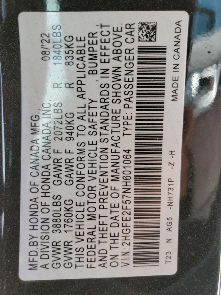 2022 HONDA CIVIC SPORT VIN:2HGFE2F57NH601064