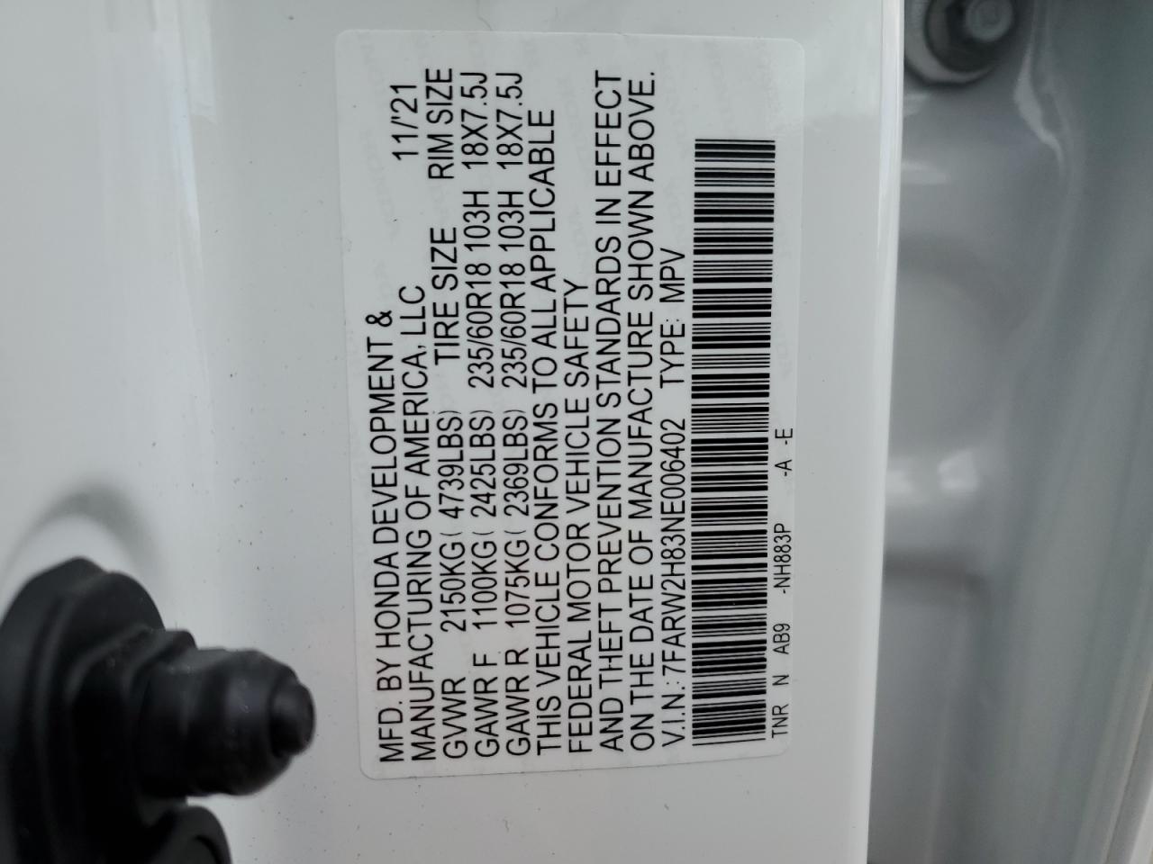 2022 HONDA CR-V EXL VIN:7FARW2H83NE006402