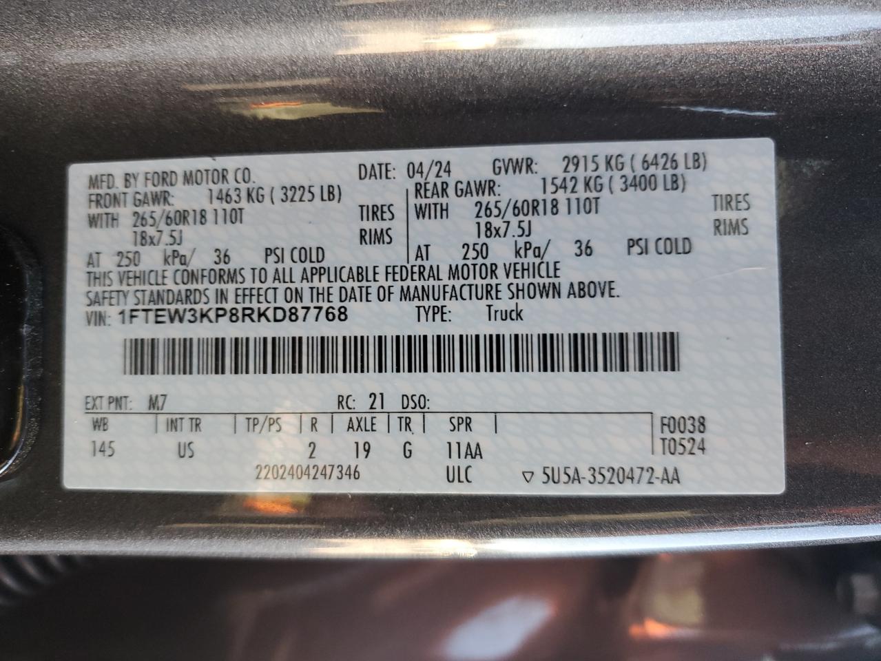 2024 FORD F150 XLT VIN:1FTEW3KP8RKD87768