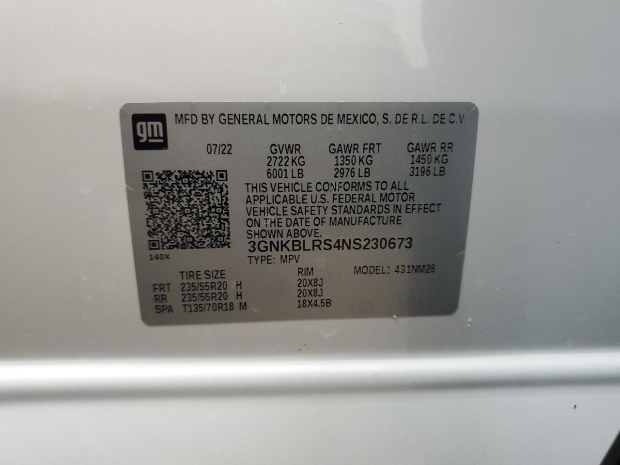 2022 CHEVROLET BLAZER PREMIER VIN:3GNKBLRS4NS230673