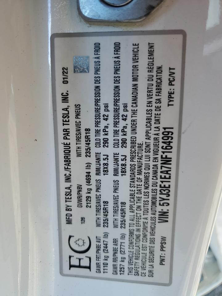 2022 TESLA MODEL 3 VIN:5YJ3E1EA7NF164991