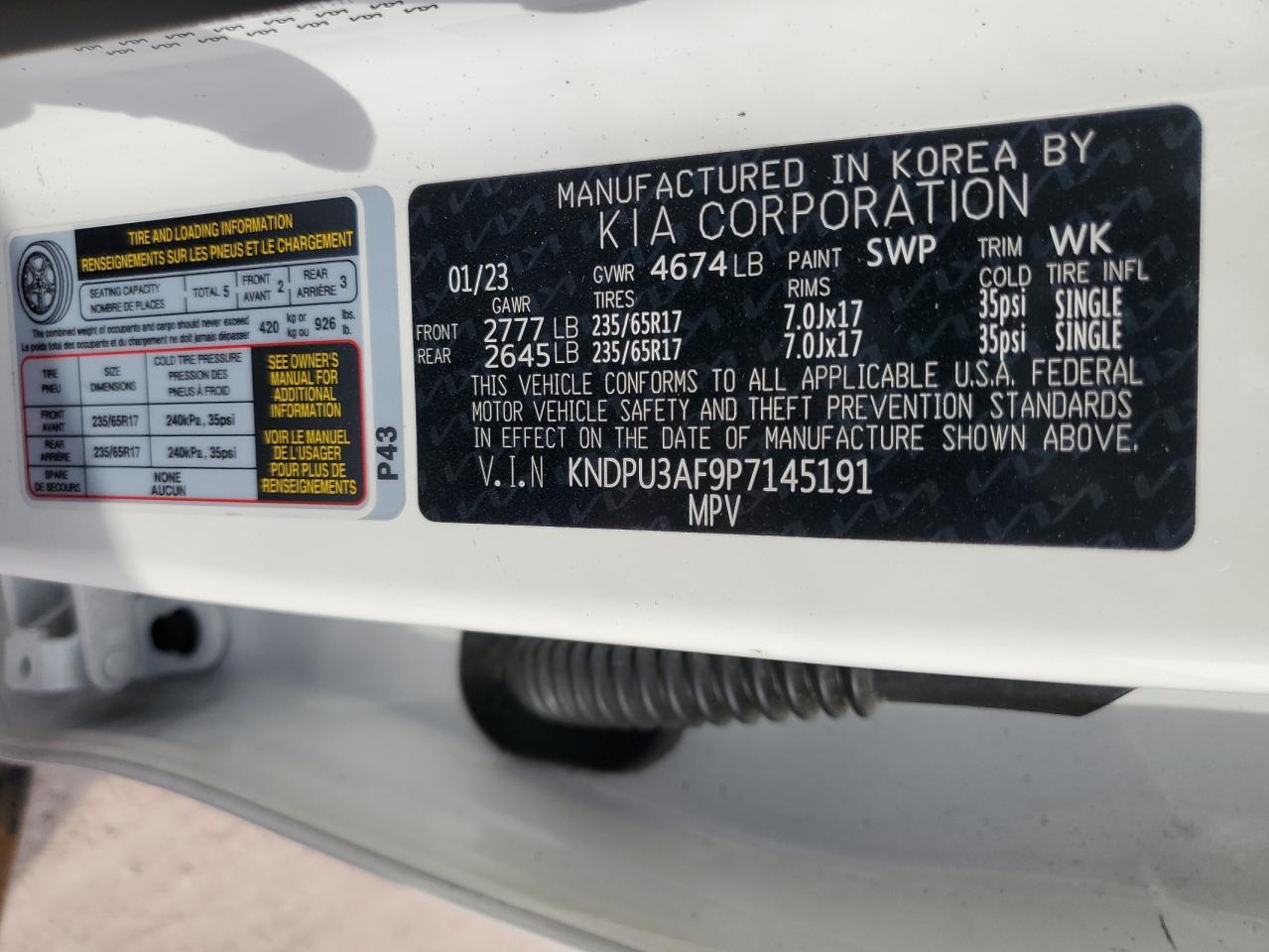 2023 KIA SPORTAGE LX VIN:KNDPU3AF9P7145191