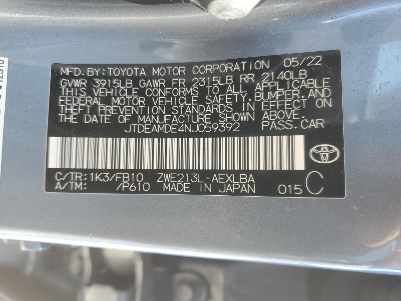 2022 TOYOTA COROLLA LE VIN:JTDEAMDE4NJ059392