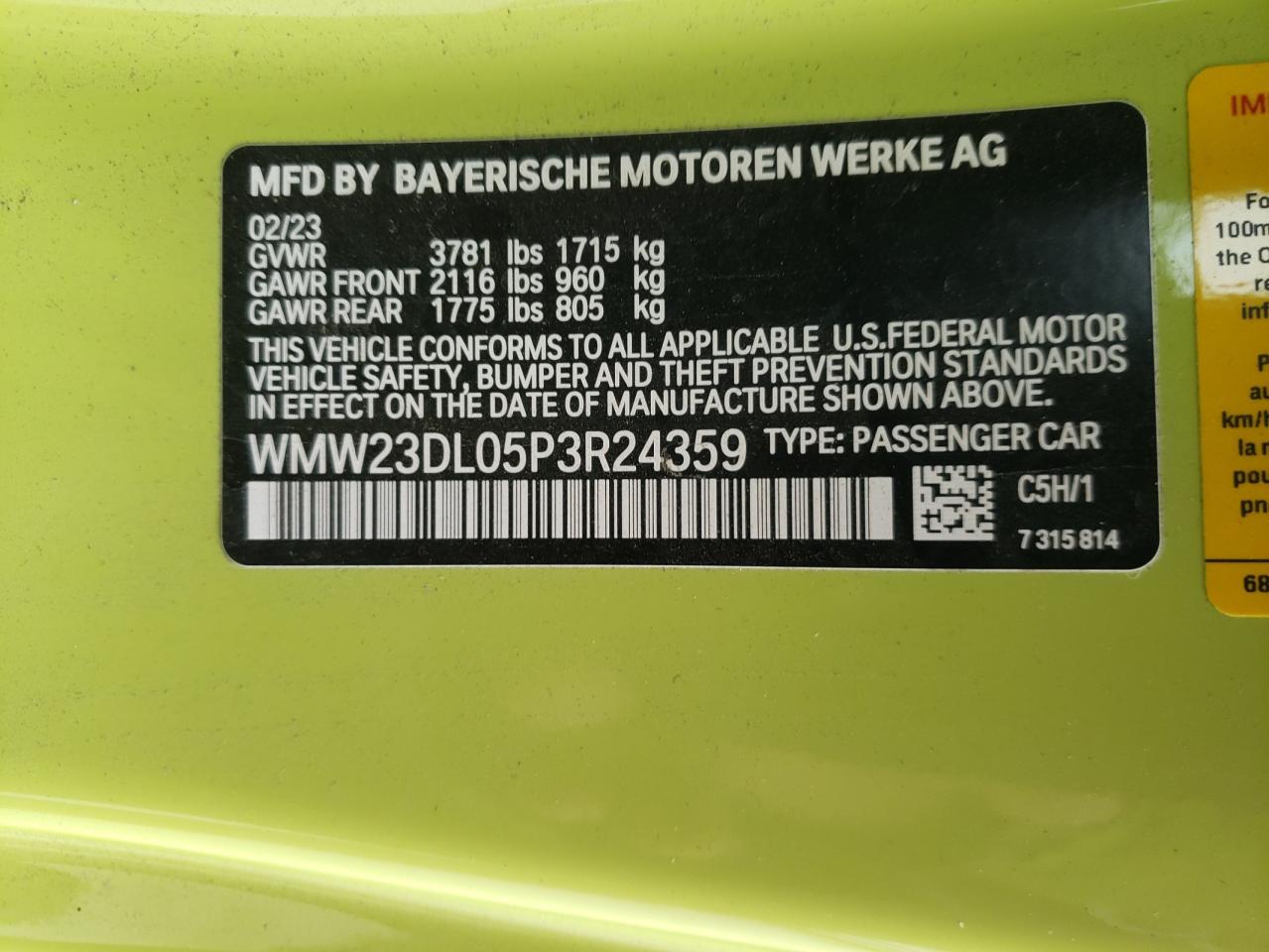 2023 MINI COOPER VIN:WMW23DL05P3R24359