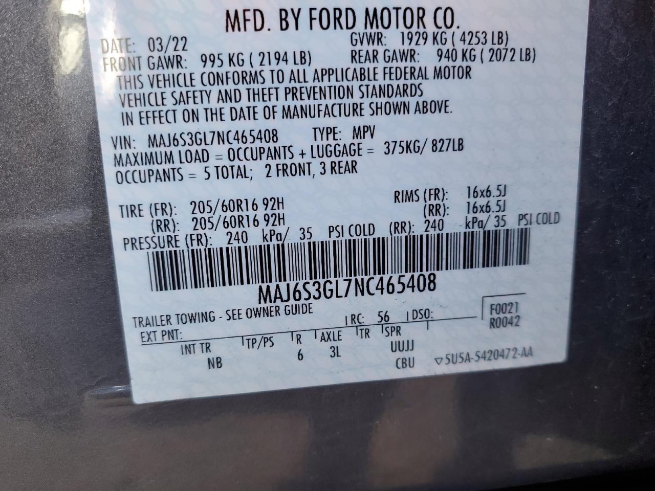 2022 FORD ECOSPORT SE VIN:MAJ6S3GL7NC465408