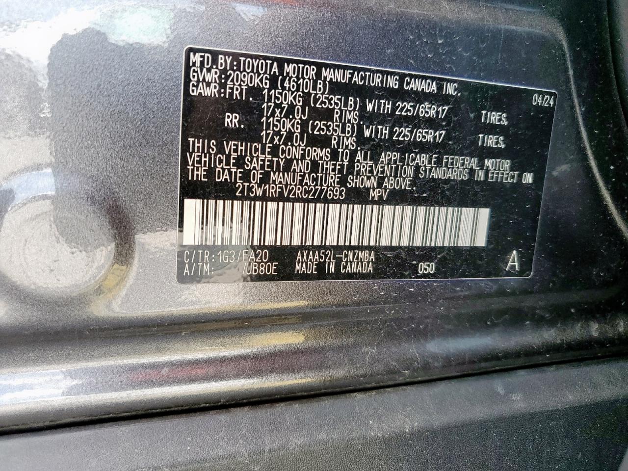 2024 TOYOTA RAV4 XLE VIN:2T3W1RFV2RC277693