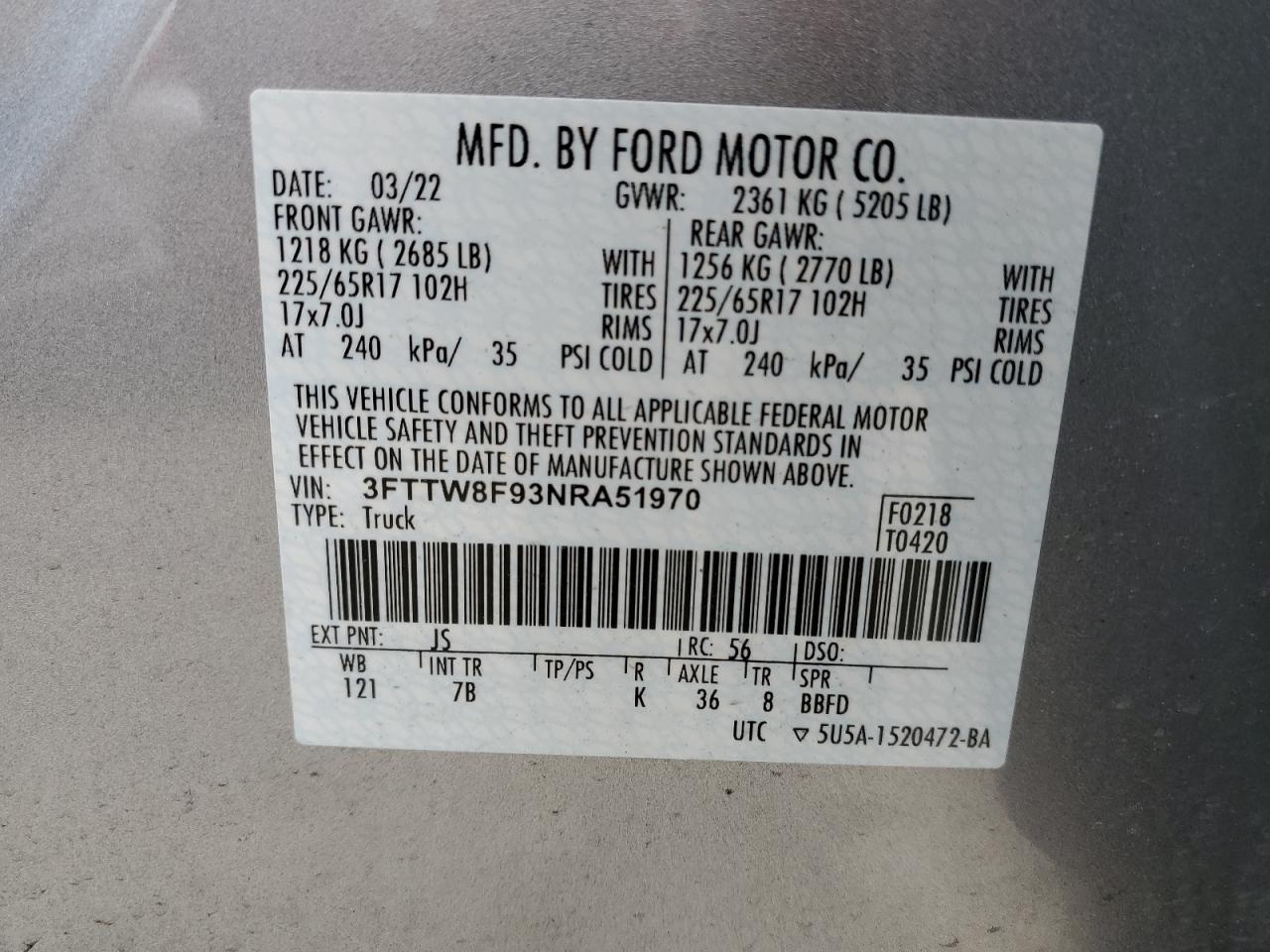 2022 FORD MAVERICK XL VIN:3FTTW8F93NRA51970