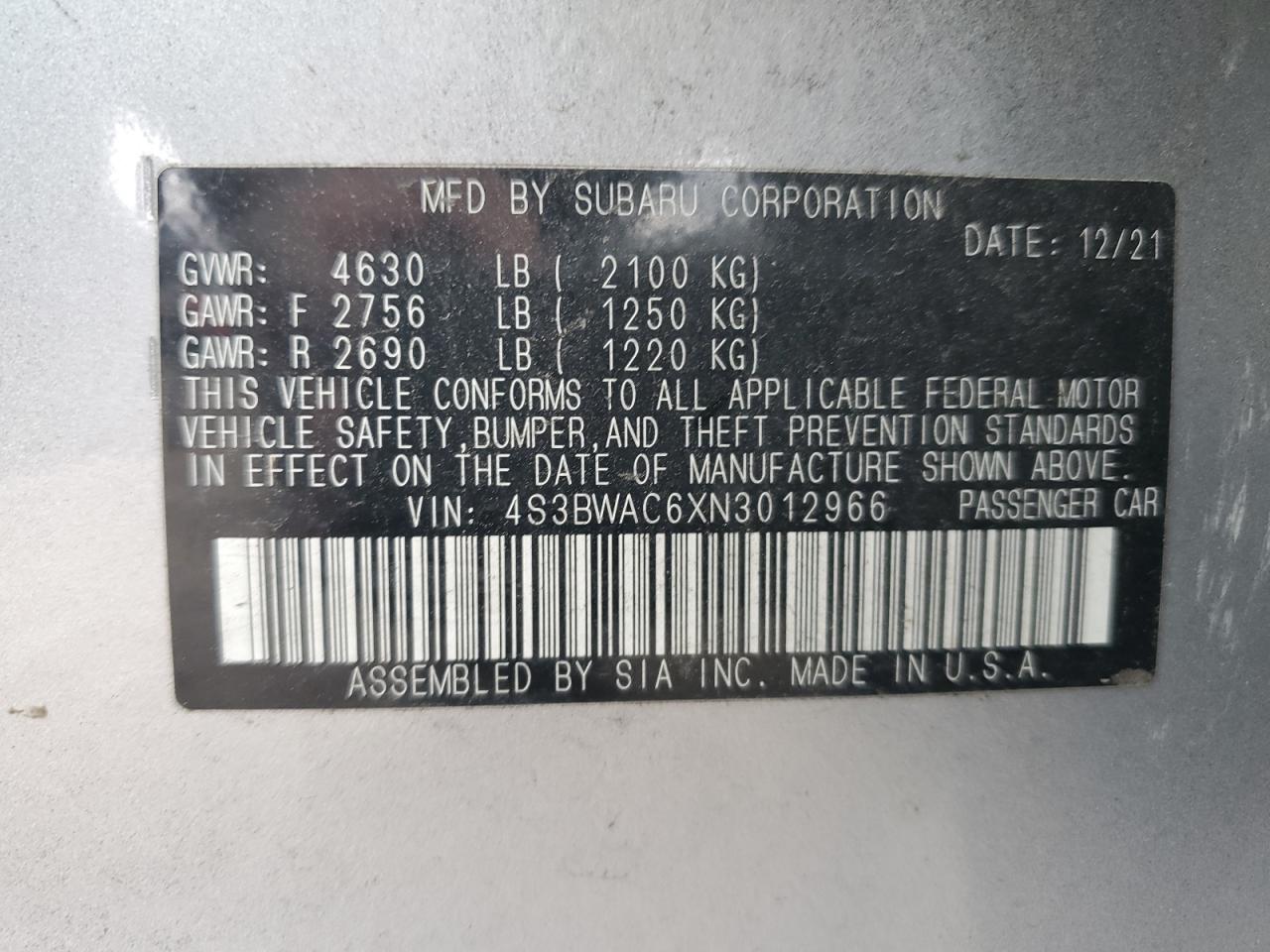 2022 SUBARU LEGACY PREMIUM VIN:4S3BWAC6XN3012966