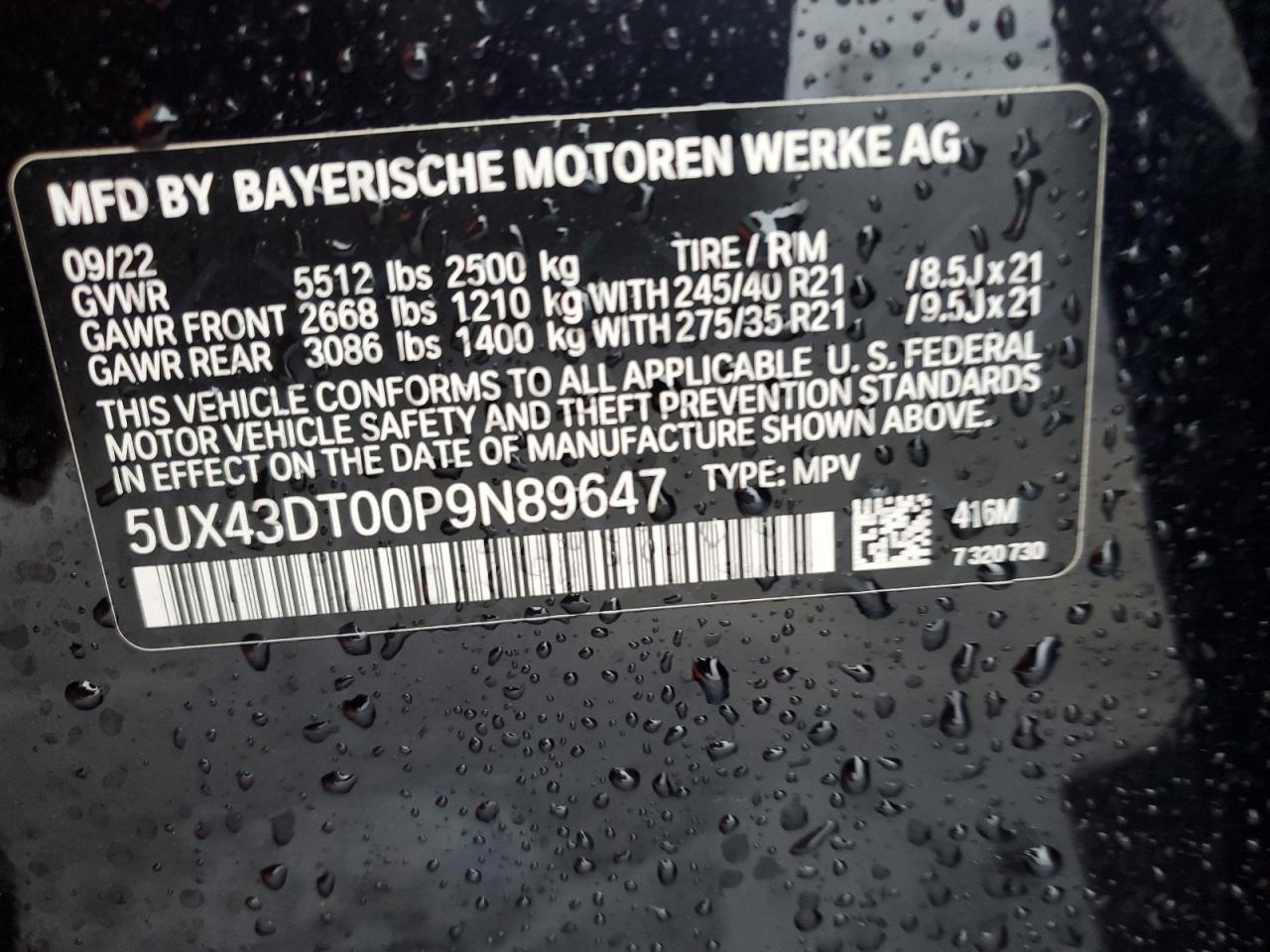 2023 BMW X4 M40I VIN:5UX43DT00P9N89647