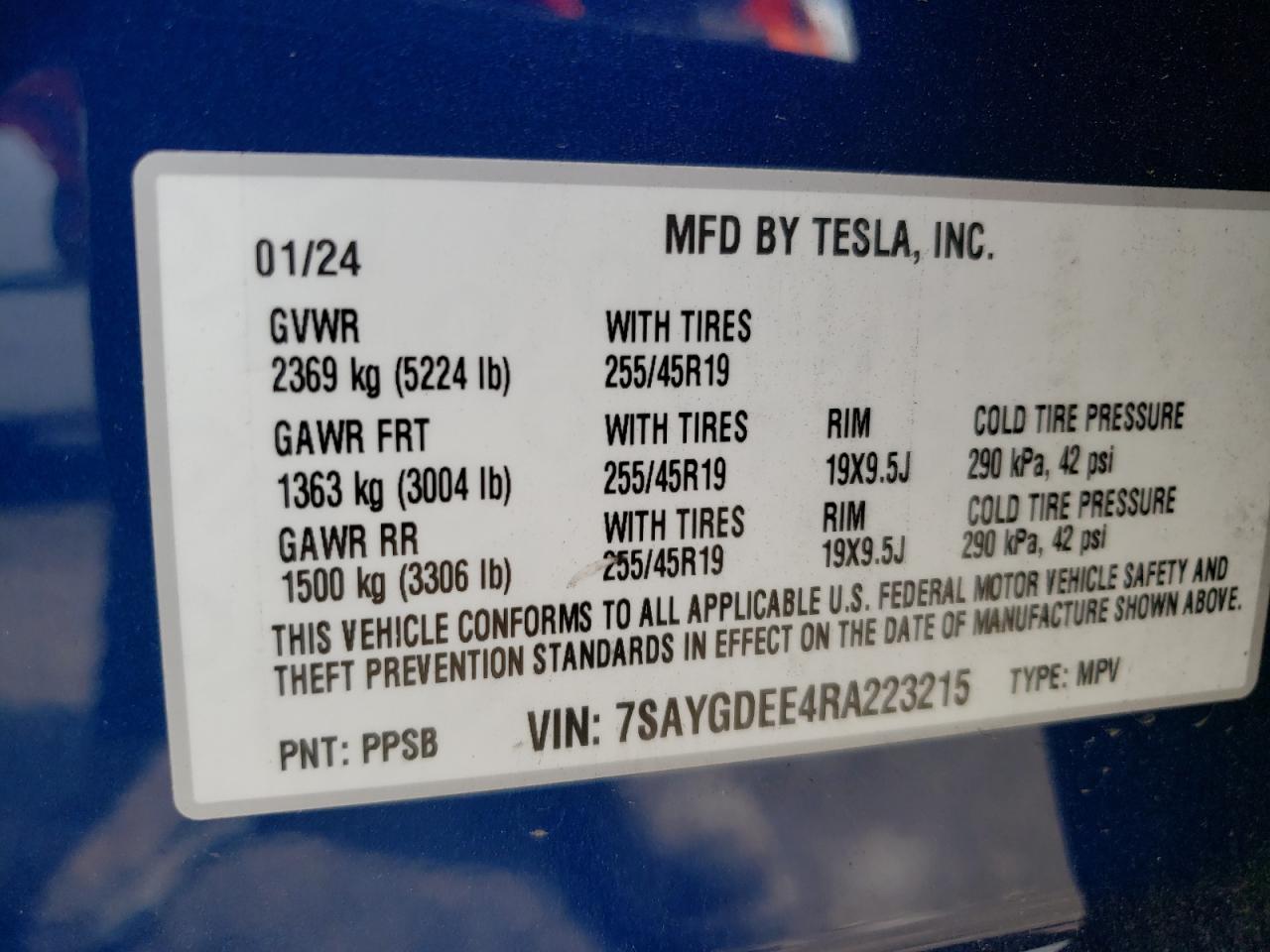 2024 TESLA MODEL Y VIN:7SAYGDEE4RA223215