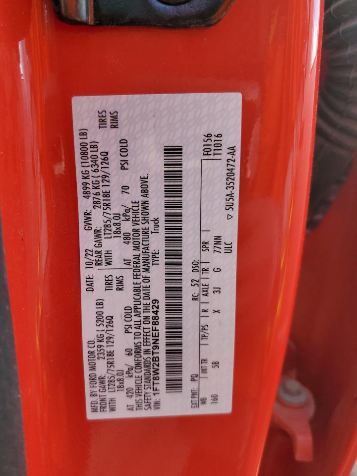 2022 FORD F250 SUPER DUTY VIN:1FT8W2BT9NEF88429