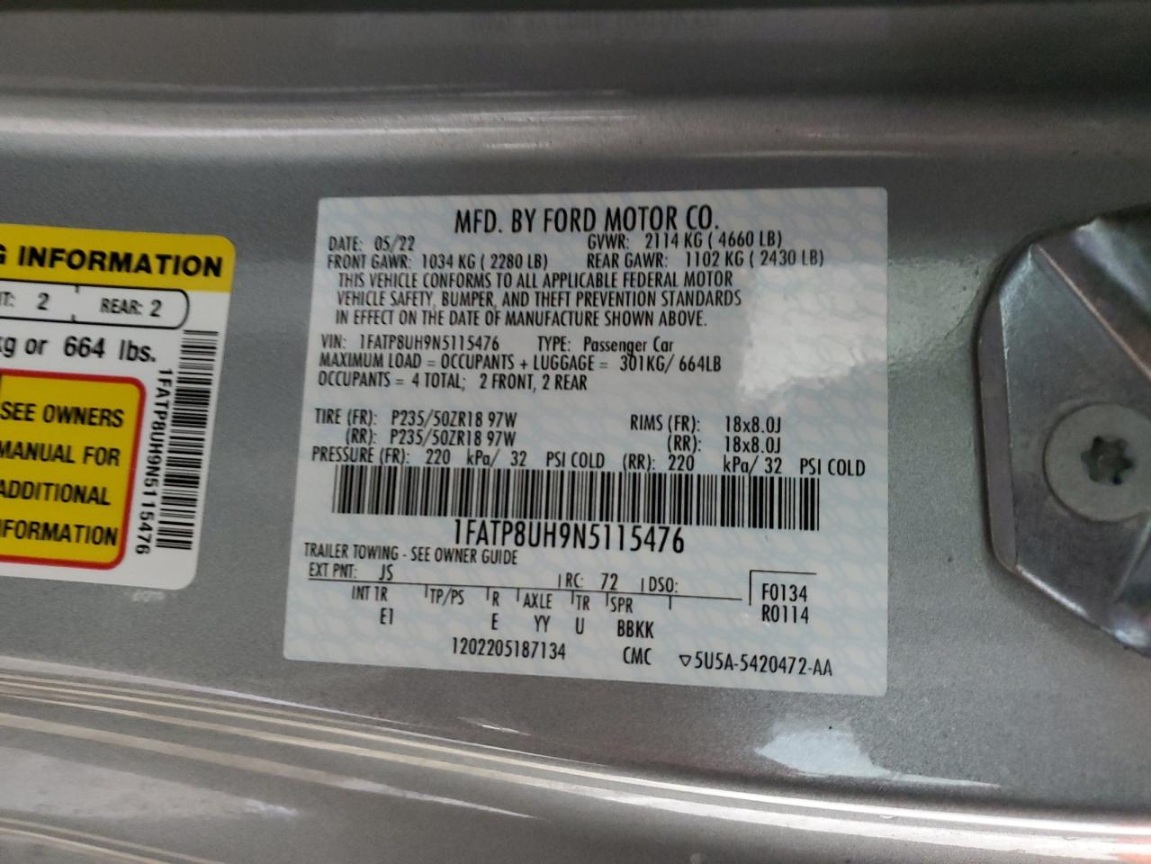 2022 FORD MUSTANG VIN:1FATP8UH9N5115476