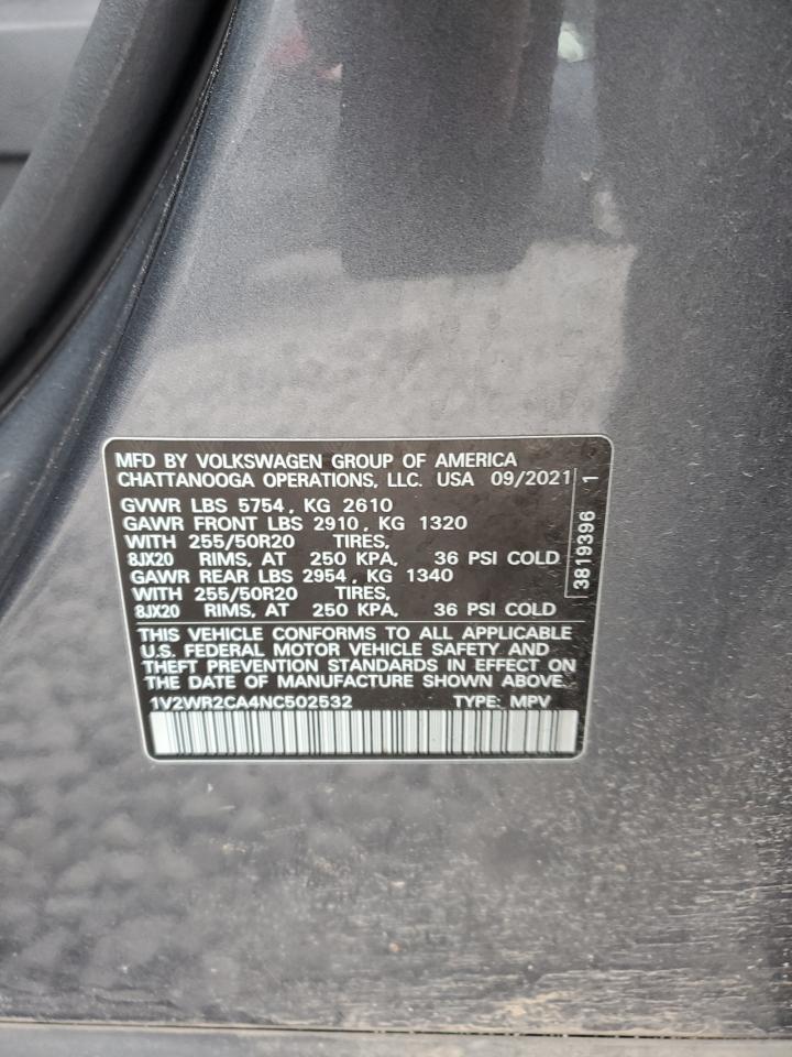 2022 VOLKSWAGEN ATLAS SE VIN:1V2WR2CA4NC502532