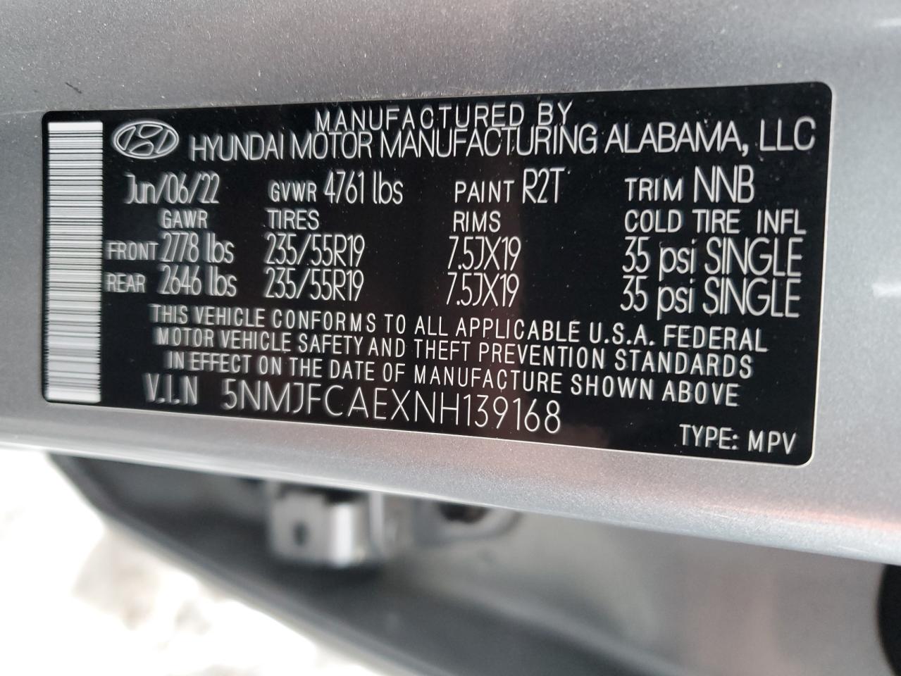 2022 HYUNDAI TUCSON SEL VIN:5NMJFCAEXNH139168