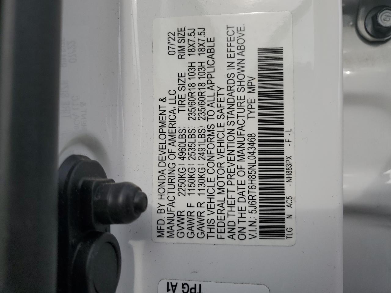 2022 HONDA CR-V EXL VIN:5J6RT6H85NL043468