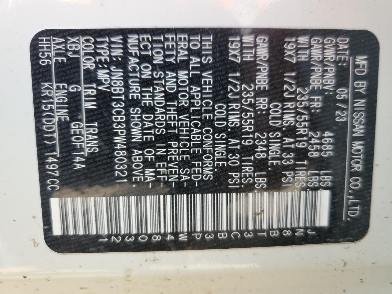 2023 NISSAN ROGUE SL VIN:JN8BT3CB3PW480321