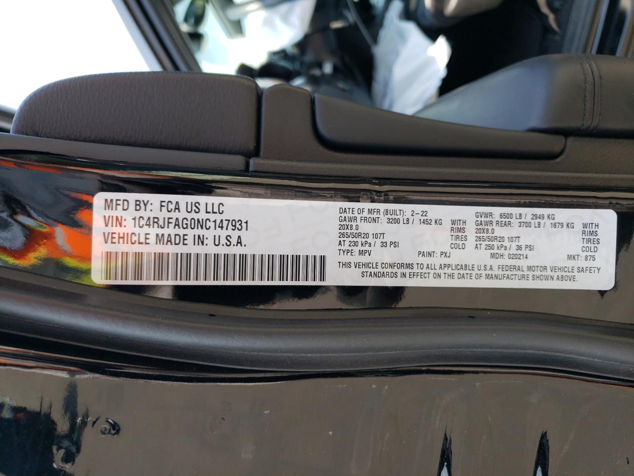 2022 JEEP GRAND CHEROKEE LAREDO E VIN:1C4RJFAG0NC147931