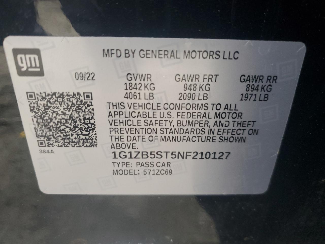 2022 CHEVROLET MALIBU LS VIN:1G1ZB5ST5NF210127