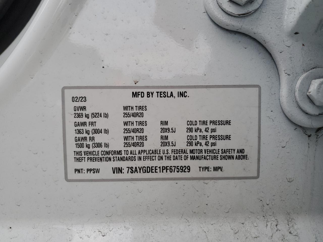 2023 TESLA MODEL Y VIN:7SAYGDEE1PF675929