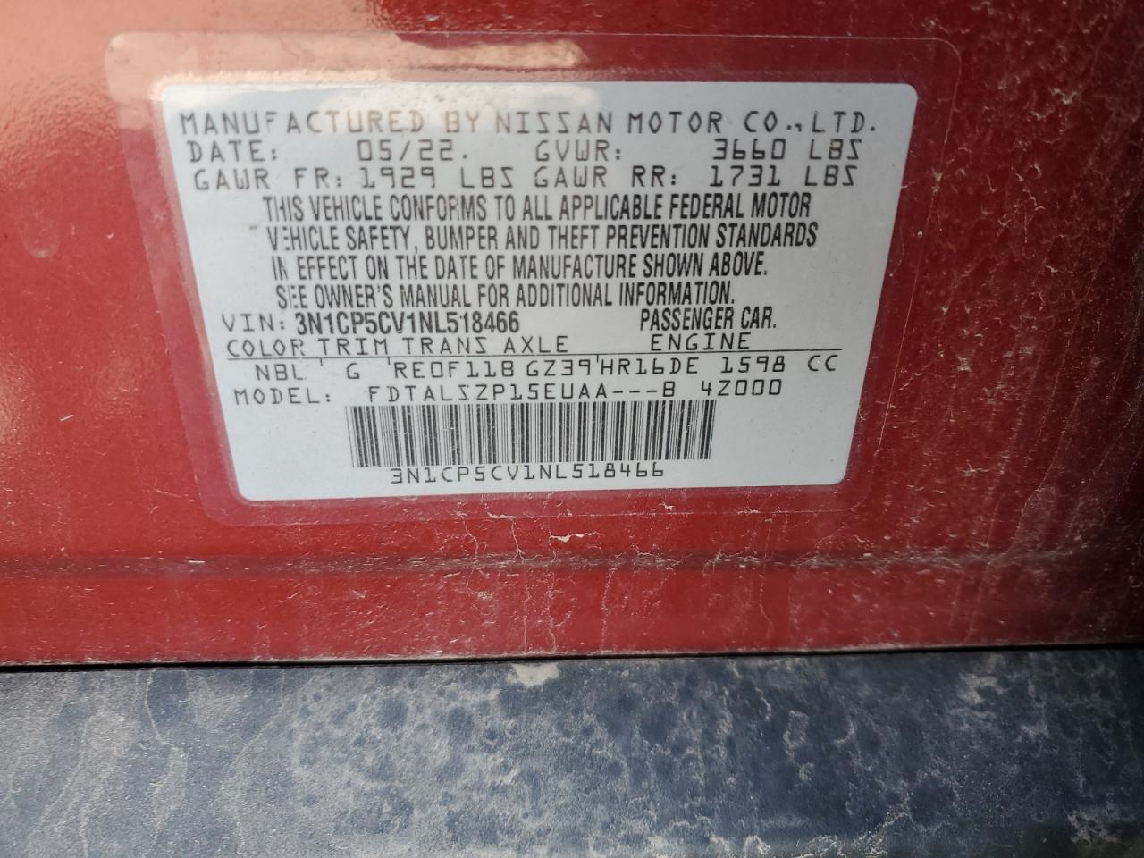 2022 NISSAN KICKS SV VIN:3N1CP5CV1NL518466