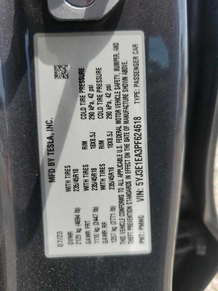 2023 TESLA MODEL 3 VIN:5YJ3E1EA3PF624618