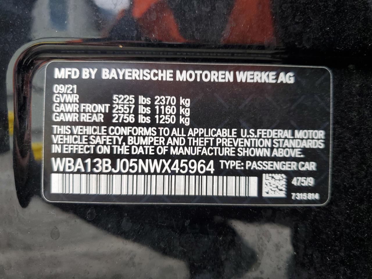 2022 BMW 530 XI VIN:WBA13BJ05NWX45964