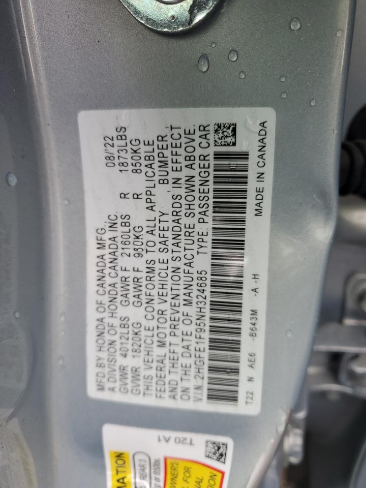2022 HONDA CIVIC TOURING VIN:2HGFE1F95NH324685